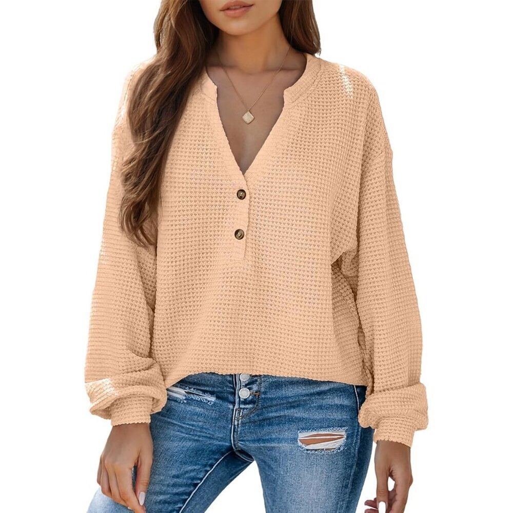 Women's Beige Button Down Shirts Long Sleeve V Neck Blouses Tee Dressy Tops
